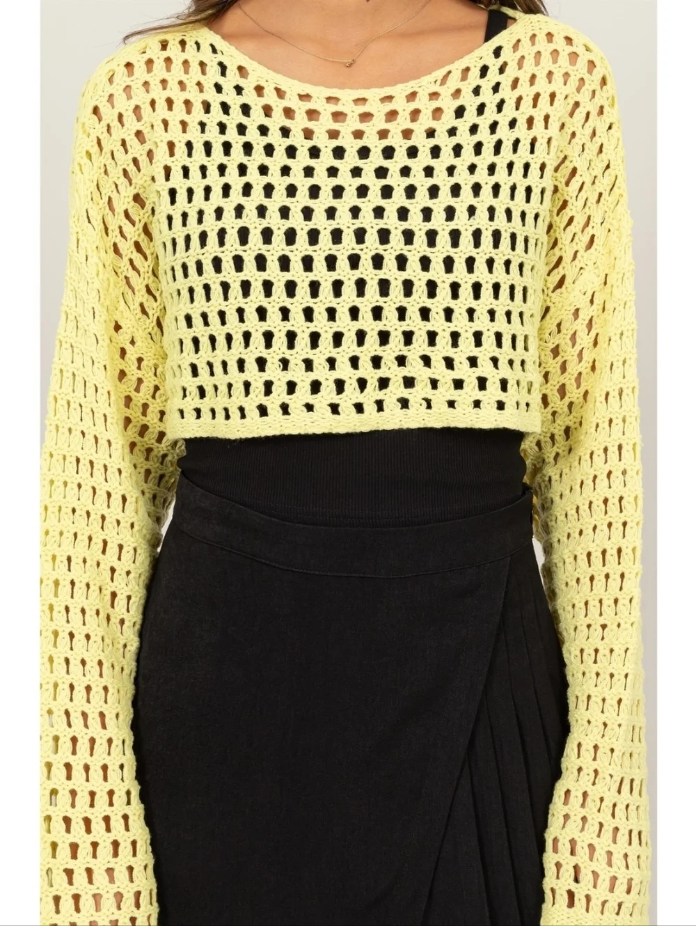 Yellow Open Knit Crochet Crop Top Long Sleeve Y2k Sweater Shrug